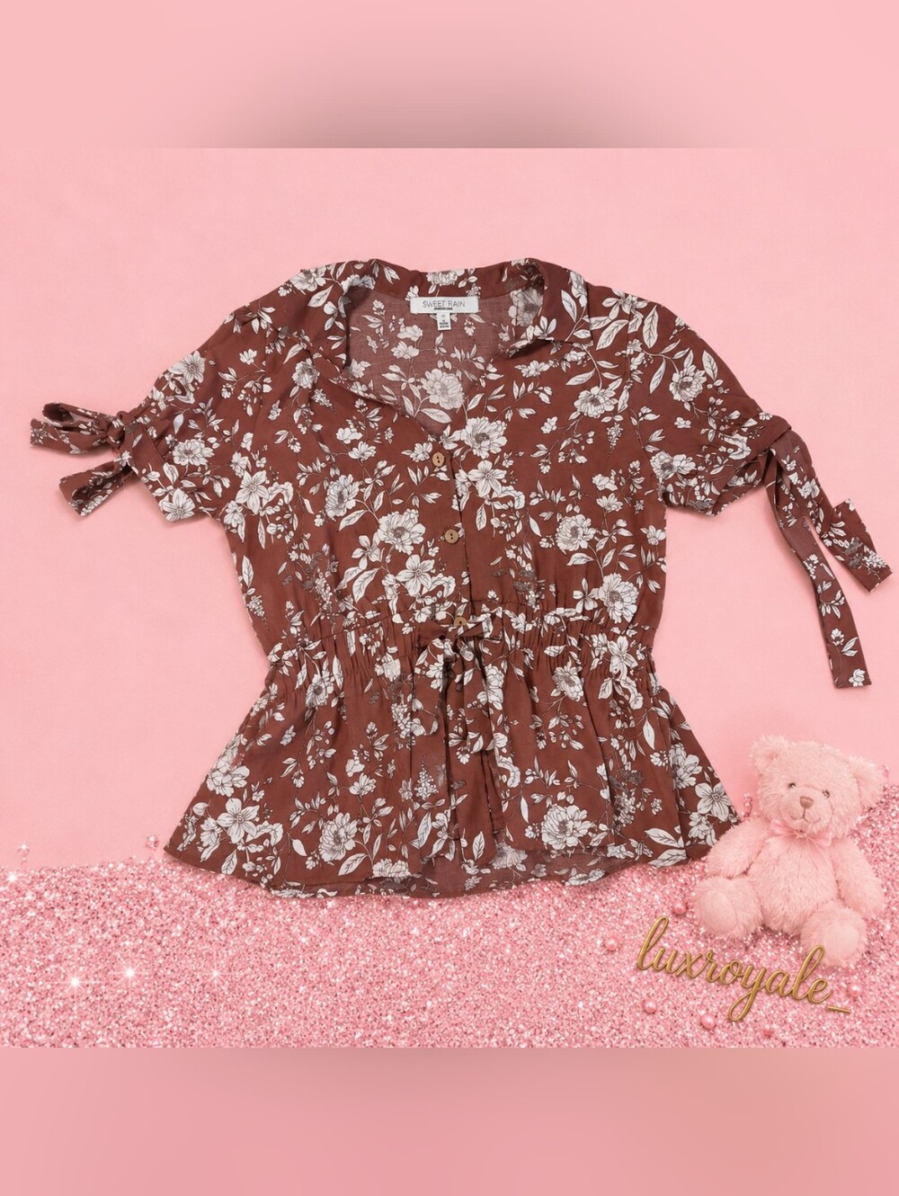 Sweet Rain Floral Button Front Peplum Tie Sleeve Blouse Size Small Boho Cottagec - Picture 3 of 4
